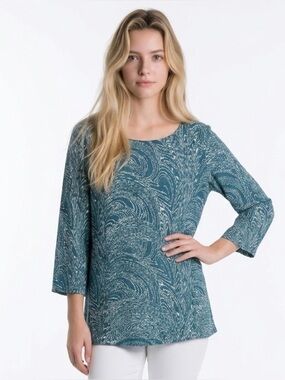 SOFT SURROUNDINGS Blouse Top Teal Boho Pullover Crinkle 3/4 Sleeves Lightweight